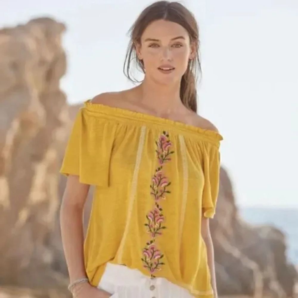 Women’s Yellow Off-Shoulder Embroidered Top